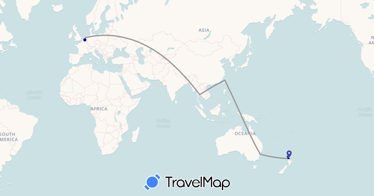 TravelMap itinerary: driving, plane in Australia, New Zealand, Thailand, Taiwan (Asia, Oceania)